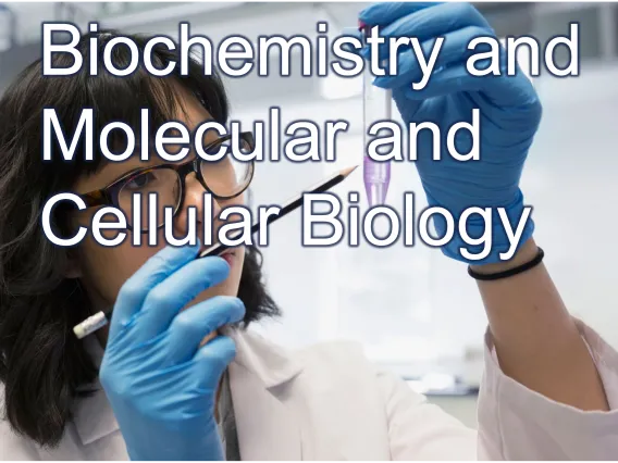 Biochemistry and Molecular and Cellular Biology written with a close up of a student in lab in background