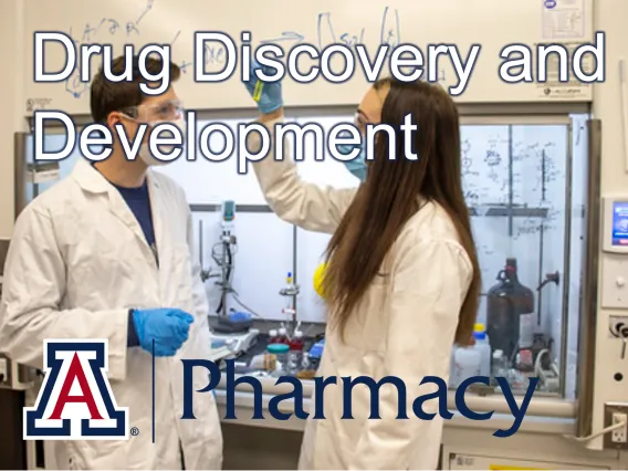 Drug Discovery and Development with Block A Pharmacy logo written over a picture of students in the lab