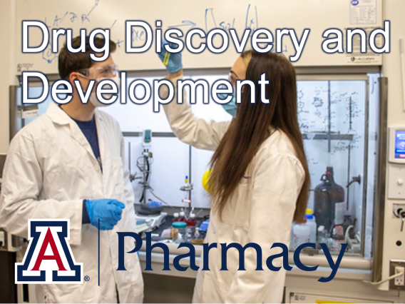 Drug Discovery and Development with Block A Pharmacy logo written over a picture of students in the lab