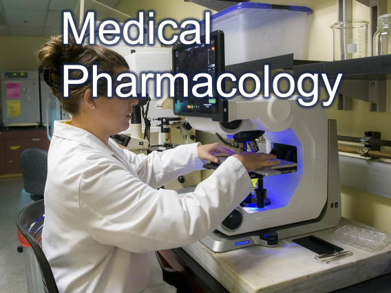 Medical Pharmacology written over a women in lab