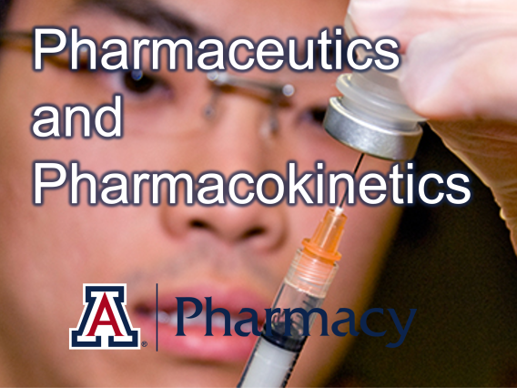 Pharmaceutics and Pharmacokinetics and block A Pharmacy logo over person holding medicine