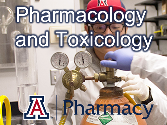 Pharmacology and Toxicology and Block A Pharmacy Logo written over student working with compressed gas